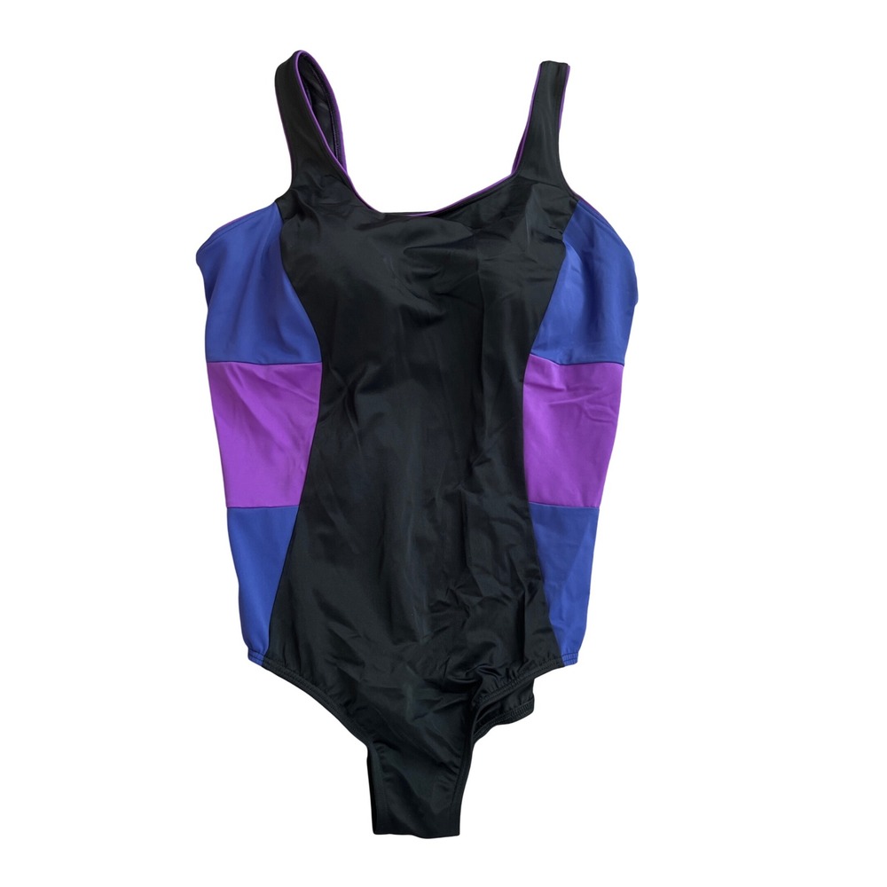 Lands End Women 18W long One Piece Swimsuit Colorblock Black Purple Blue